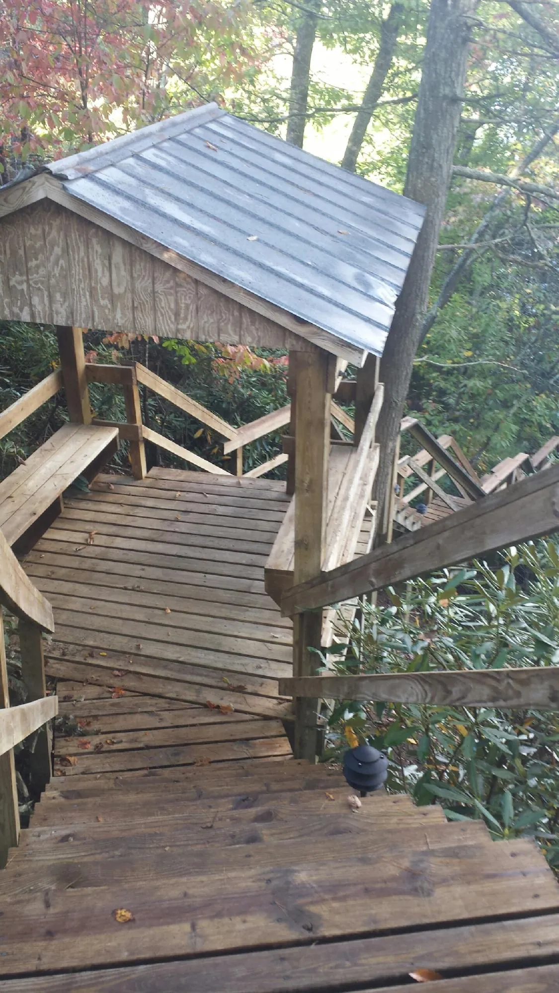 Metal roofed shelter over wooden steps on a wooded walkway — Skylight Repair & Installation work by our crew in Serena